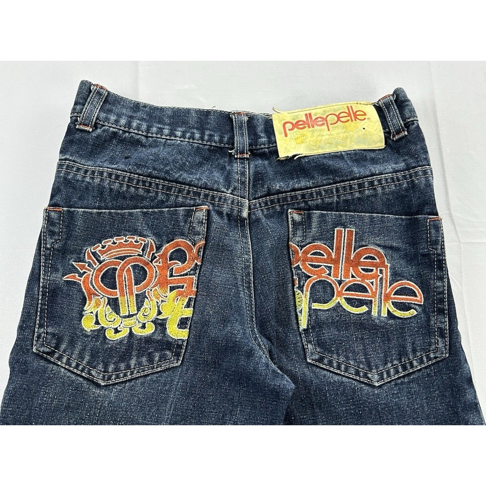 Pelle Pelle Boys 8 Denim Jean Shorts Y2K 2009 Embroidered Logo Raw Hem Cotton